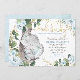 Modern Blue Roses Jungle Elephant Boy Baby Shower Invitation