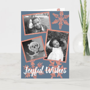 Modern Blue Rustic Snowflake 3 Photo Collage Holiday Card
