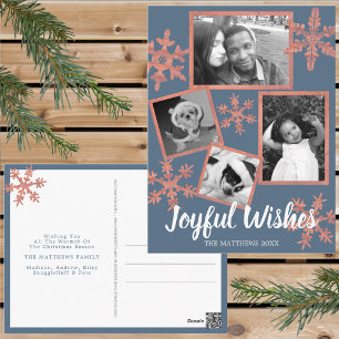 Modern Blue Rustic Snowflake 4 Photo Christmas Postcard