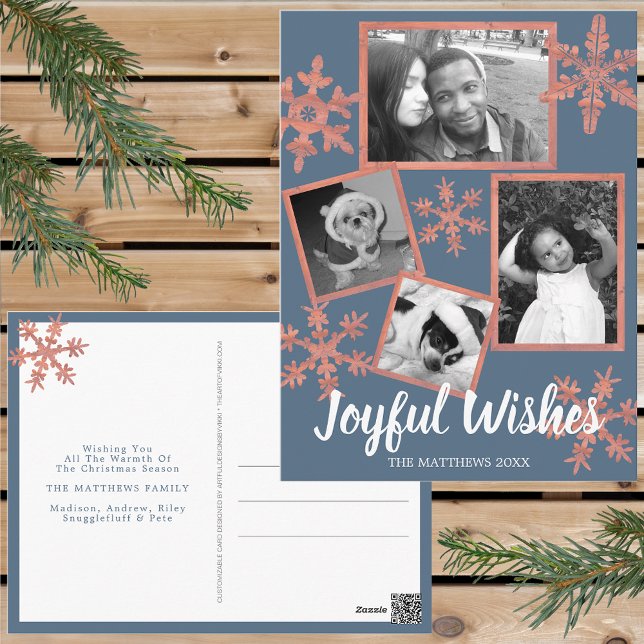 Modern Blue Rustic Snowflake 4 Photo Christmas Postcard (Personalize these rustic snowflake holiday postcards for one of a kind Christmas cheer this year.)