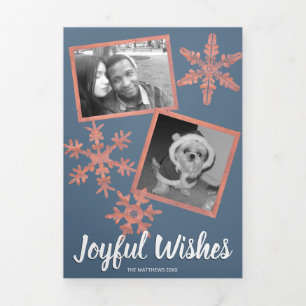 Modern Blue Rustic Snowflake Collage 5 Photo Tri-Fold Holiday Card