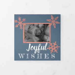Modern Blue Rustic Snowflake Festive 3 Photo Tri-Fold Holiday Card