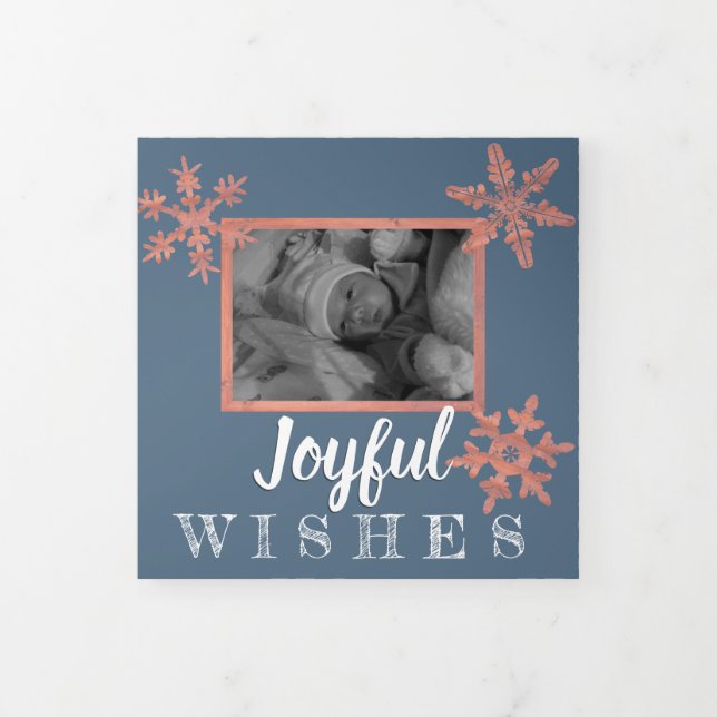Modern Blue Rustic Snowflake Festive 3 Photo Tri-Fold Holiday Card (Cover)
