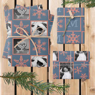 Modern Blue Rustic Snowflake Monogram Photo Wrapping Paper Sheet