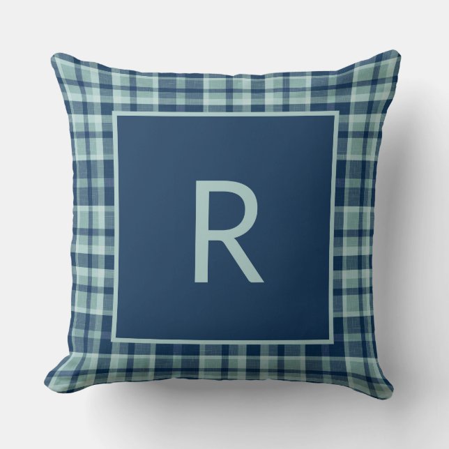 Modern blue sage green plaid monogram cushion (Front)