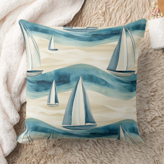Modern Blue Sailboat Ocean Wave Pattern Cushion (Blanket)