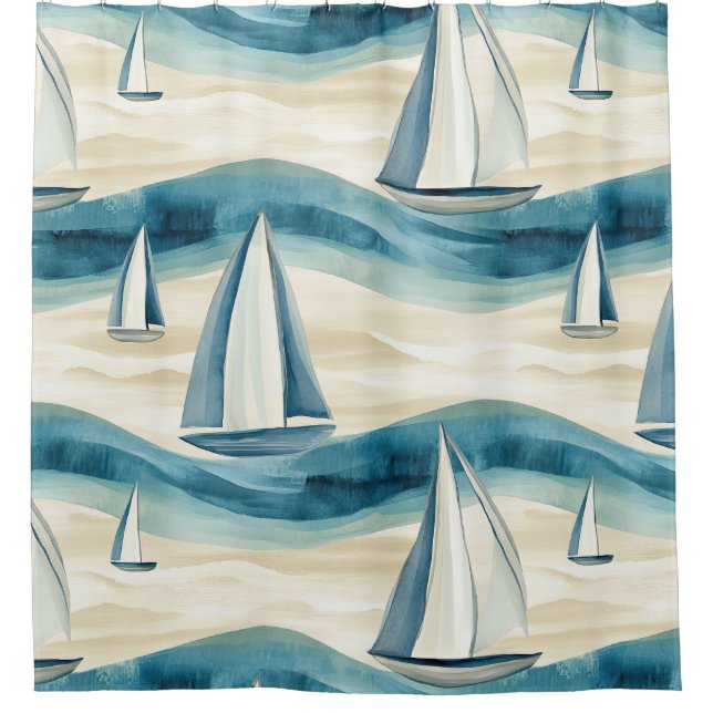 Modern Blue Sailboat Ocean Wave Pattern Shower Curtain (Front)