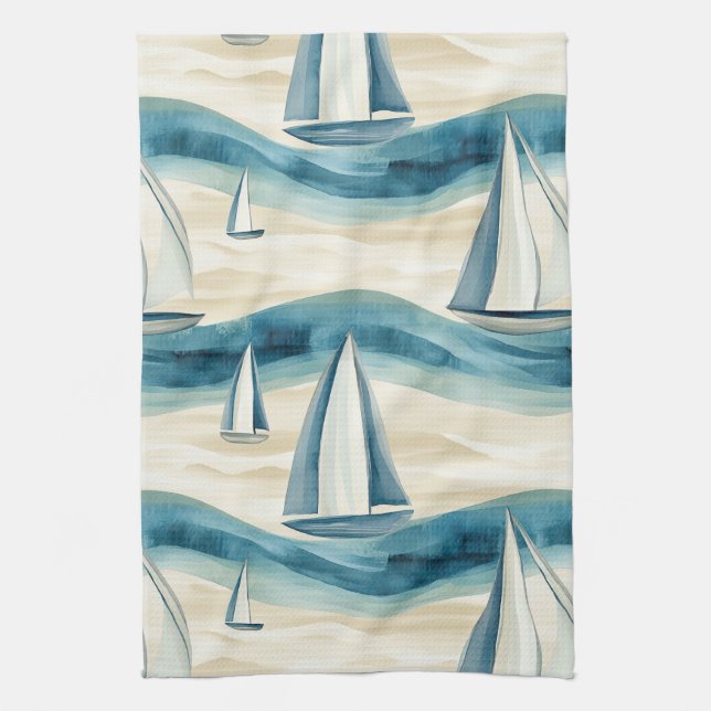 Modern Blue Sailboat Ocean Wave Pattern Tea Towel (Vertical)