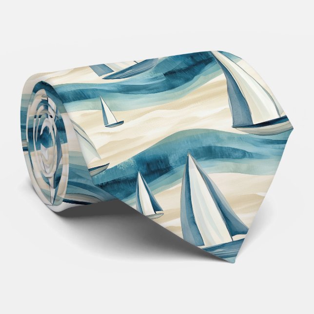 Modern Blue Sailboat Ocean Wave Pattern Tie (Rolled)