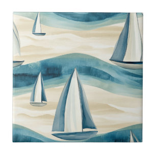 Modern Blue Sailboat Ocean Wave Pattern Tile