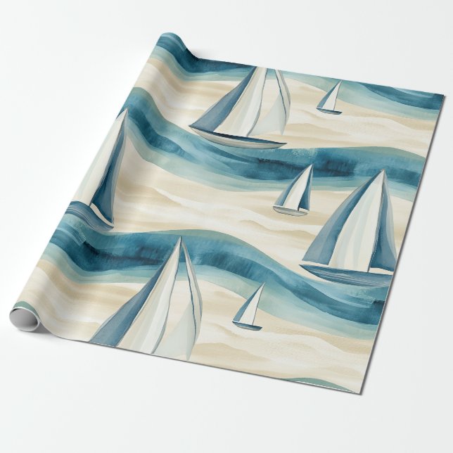 Modern Blue Sailboat Ocean Wave Pattern Wrapping Paper (Unrolled)