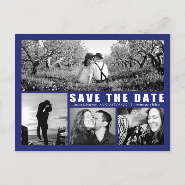 Modern Blue Save The Date Collage 4 Photo Postcard (Front)