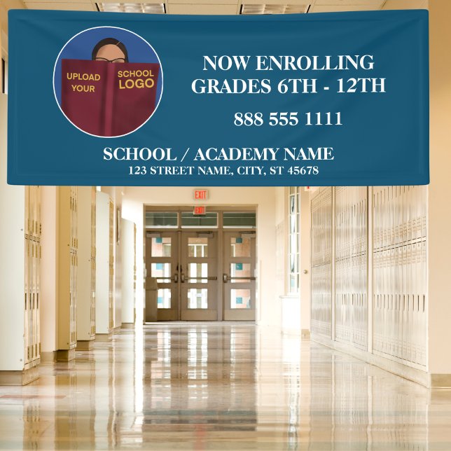 Modern Blue School Logo Now Enrolling Banner (Creator Uploaded)