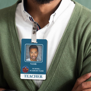 Modern Blue School Logo Teacher Employee Badge ID Badge
