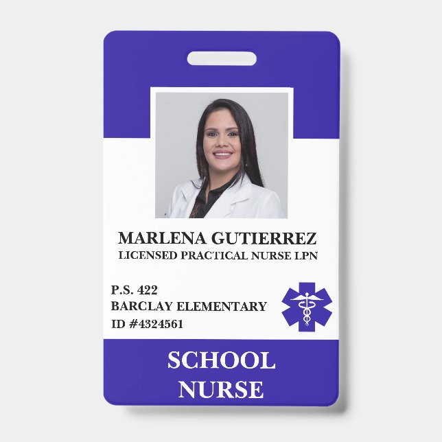 Modern Blue School Nurse Employee Photo Name ID Badge (Front)
