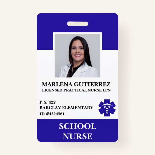 Modern Blue School Nurse Employee Photo Name ID ID Badge (Front)