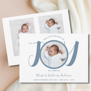 Modern Blue Script Baby Boy Three Photo Birth  Announcement