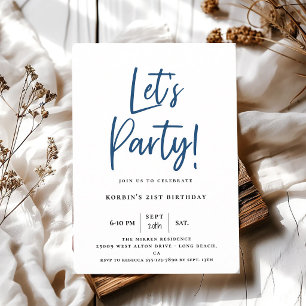 Modern Blue Script Birthday Let's Party Invitation
