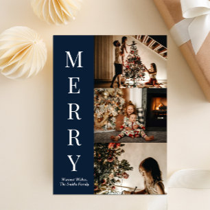 Modern Blue Script Merry Christmas Photo Holiday Card
