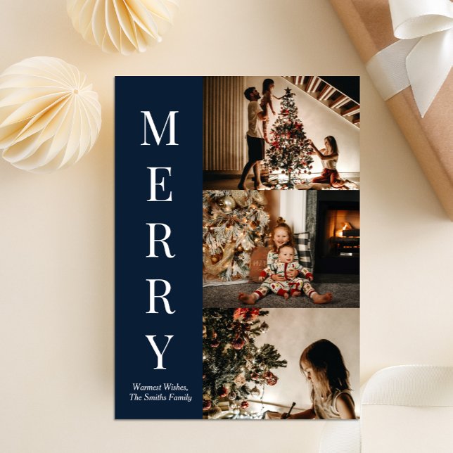 Modern Blue Script Merry Christmas Photo Holiday Card (Creator Uploaded)