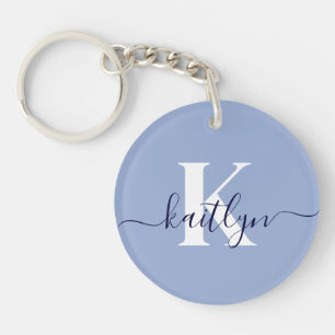 Modern Blue Script Monogram Key Ring