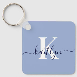Modern Blue Script Monogram Key Ring