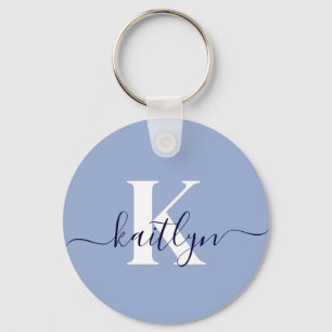 Modern Blue Script Monogram Key Ring