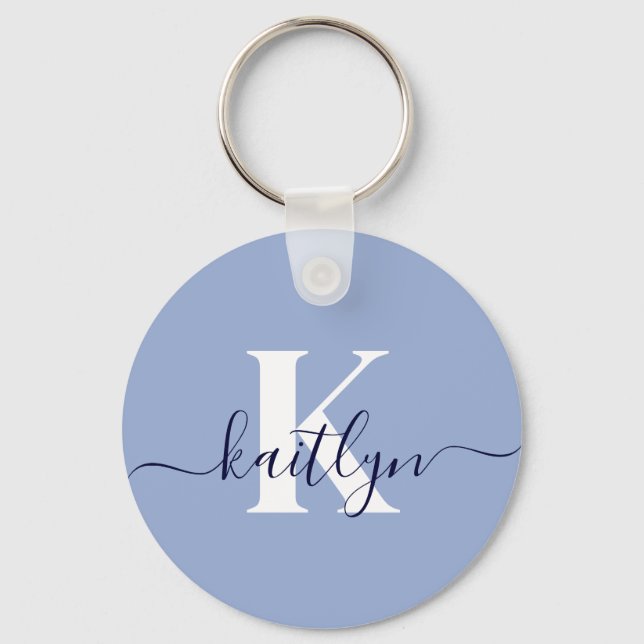 Modern Blue Script Monogram Key Ring (Front)