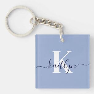 Modern Blue Script Monogram Key Ring