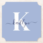 Modern Blue Script Monogram Paper Coaster<br><div class="desc">These simple, elegant light blue ticket shaped paper coasters with your first name in a trendy script font in navy blue typed over your first initial in a modern cap font in white are perfect for keeping your tables and counters free from water rings. They absorb droplets so you don't...</div>