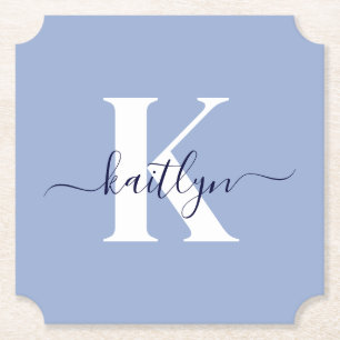 Modern Blue Script Monogram Paper Coaster