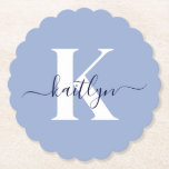 Modern Blue Script Monogram Paper Coaster<br><div class="desc">These simple, elegant light blue round fluted edge paper coasters with your first name in a trendy script font in navy blue typed over your first initial in a modern cap font in white are perfect for keeping your tables and counters free from water rings. They absorb droplets so you...</div>