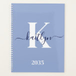 Modern Blue Script Monogram Planner<br><div class="desc">This simple, elegant light blue 8.5 x 11 soft planner with your first name in a trendy script font in navy blue typed over your first initial in a modern cap font in white is perfect for you. It's stylish and trendy and yet very classic. It will make keeping appointments,...</div>