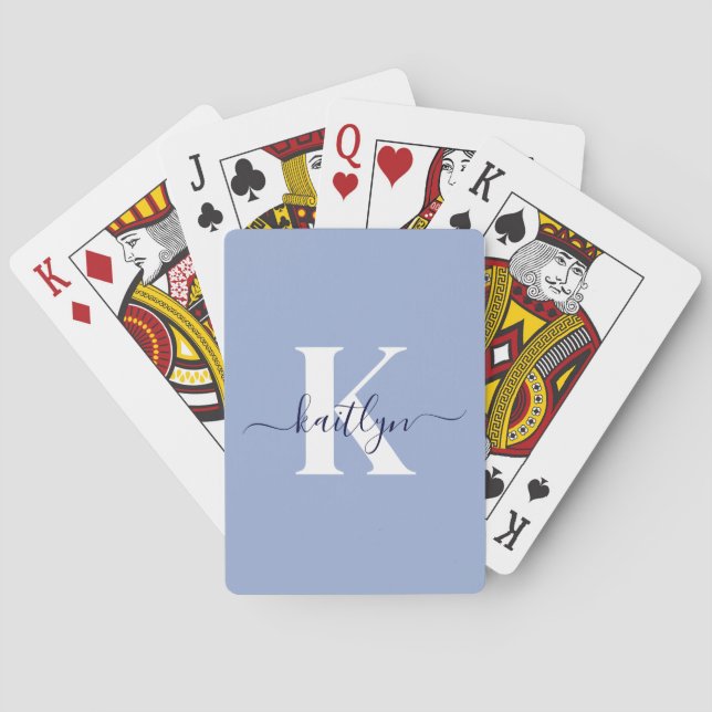Modern Blue Script Monogram Playing Cards (Back)