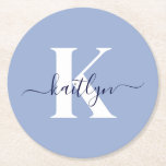 Modern Blue Script Monogram Round Paper Coaster<br><div class="desc">These simple, elegant light blue round paper coasters with your first name in a trendy script font in navy blue typed over your first initial in a modern cap font in white are perfect for keeping your tables and counters free from water rings. They absorb droplets so you don't have...</div>