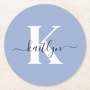 Modern Blue Script Monogram Round Paper Coaster
