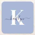 Modern Blue Script Monogram Square Paper Coaster<br><div class="desc">These simple, elegant light blue square paper coasters with your first name in a trendy script font in navy blue typed over your first initial in a modern cap font in white are perfect for keeping your tables and counters free from water rings. They absorb droplets so you don't have...</div>