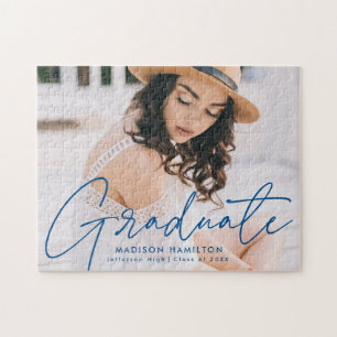 Modern Blue Script Photo Graduation Jigsaw Puzzle