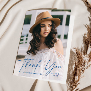 Modern Blue Script Photo Graduation Thank You Card