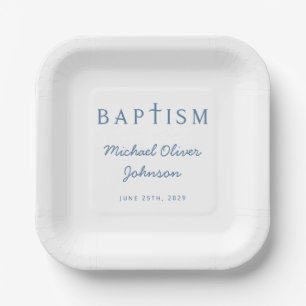 Modern Blue Script Religious Cross Boy Baptism Paper Plate