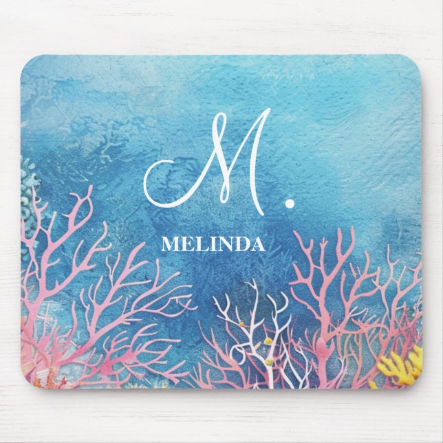  Modern Blue Sea Motif Monogram Mouse Mat (Front)