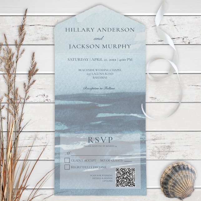 Modern Blue Seascape Beach QR Code All In One Invitation (Creator Uploaded)
