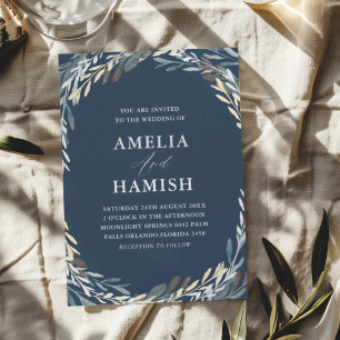Modern Blue & Silver Botanical Wedding Invitation