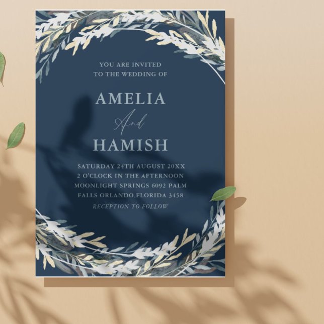 Modern Blue & Silver Botanical Wedding  Invitation (Creator Uploaded)