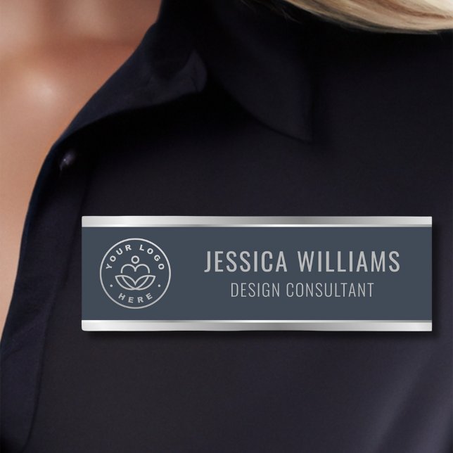 Modern Blue Silver Business Logo Name Tag (Creator Uploaded)