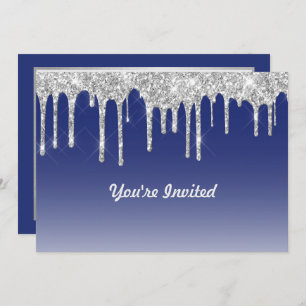 Modern Blue Silver Glitter Drips Birthday Invitation