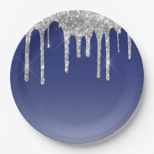 Modern Blue Silver Glitter Drips Paper Plate