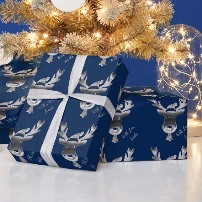 Modern Blue Silver Grey Reindeer Cute Christmas Wrapping Paper (Holidays)