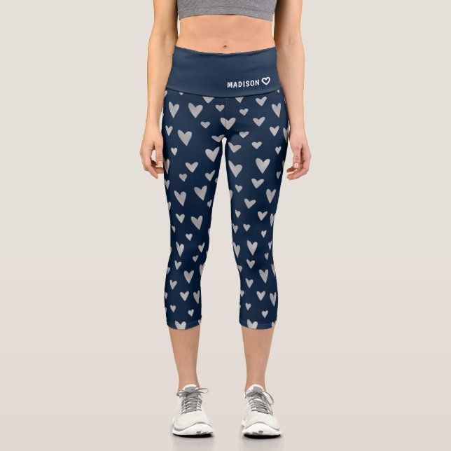 Modern Blue Silver Heart Pattern Personalised Name Capri Leggings (Front)