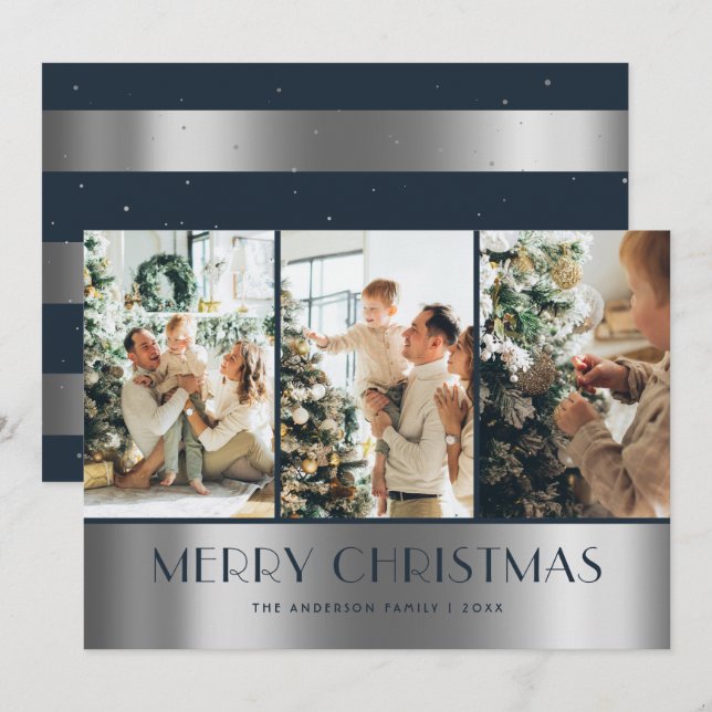 Modern Blue Silver Photo Collage Christmas Cards (Front/Back)